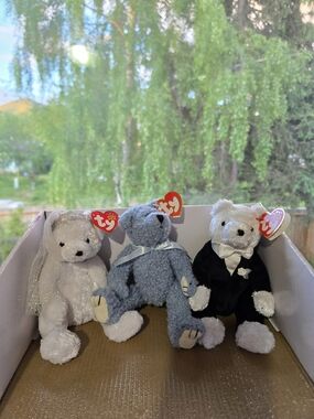 Beanie Babies LOT BUNDLE 3 - Bride, Groom Tuxedo, and "Something Blue" WEDDING